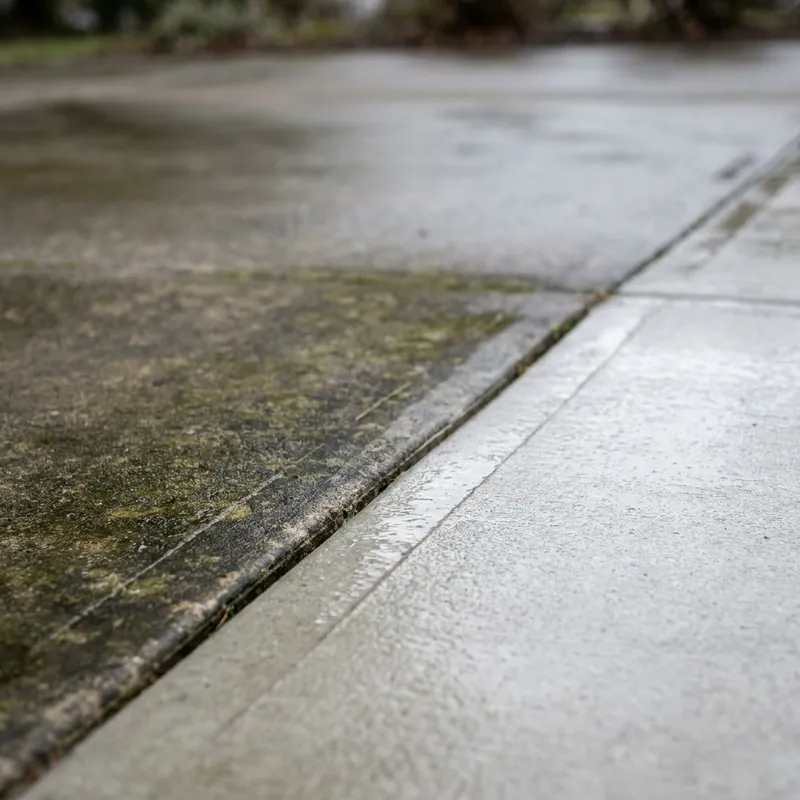 Pressure washing a driveway, clean strip against dirty concrete